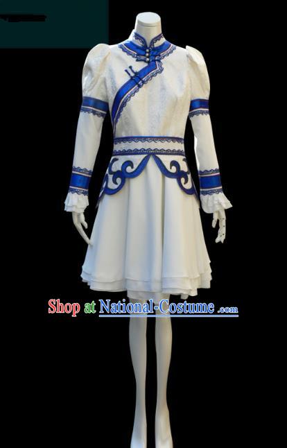 Traditional Chinese Mongol Nationality Costume Female White Short Mongolian Robe, Chinese Mongolian Minority Nationality Clothing for Women