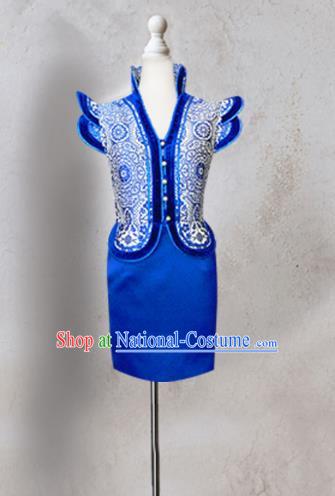 Traditional Chinese Mongol Nationality Costume Blue Short Mongolian Robe, Chinese Mongolian Minority Nationality Dress Clothing for Women