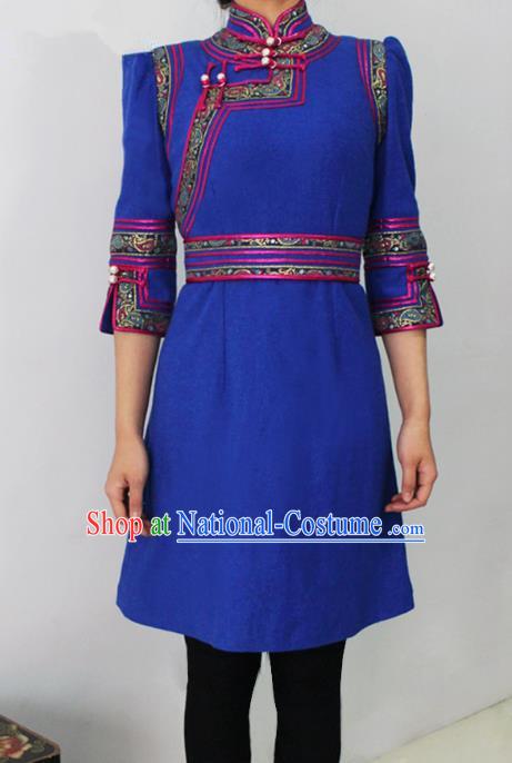 Traditional Chinese Mongol Nationality Dance Costume Middle Sleeve Blue Short Dress, Chinese Mongolian Minority Nationality Princess Mongolian Robe for Women