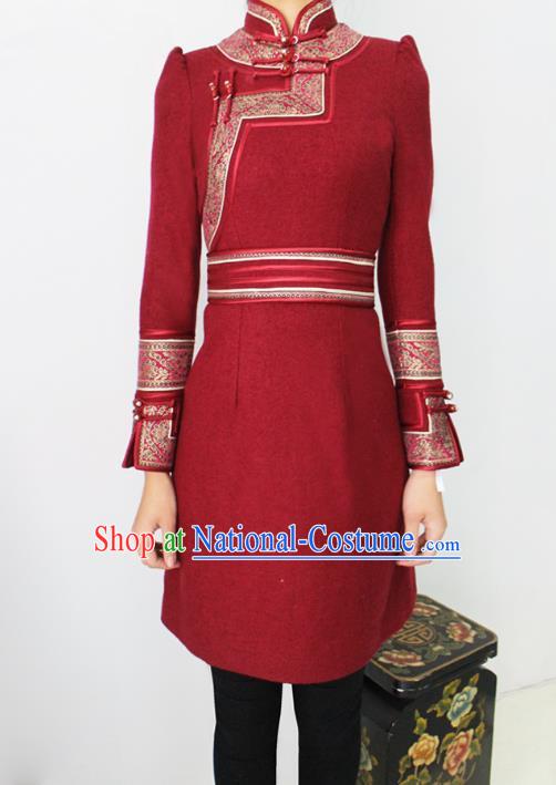 Traditional Chinese Mongol Nationality Dance Costume Red Woolen Dress, Chinese Mongolian Minority Nationality Princess Mongolian Robe for Women