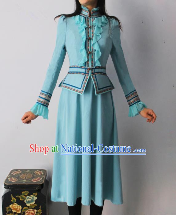 Traditional Chinese Mongol Nationality Dance Costume Blue Dress, Chinese Mongolian Minority Nationality Princess Mongolian Robe for Women