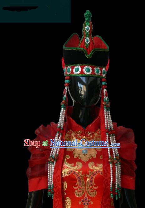 Traditional Chinese Mongol Nationality Bride Hat, Chinese Mongolian Minority Nationality Princess Headwear