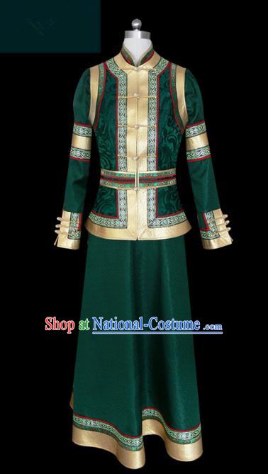 Traditional Chinese Mongol Nationality Dance Costume Green Mongolian Robe, Chinese Mongolian Minority Nationality Princess Embroidery Clothing for Women