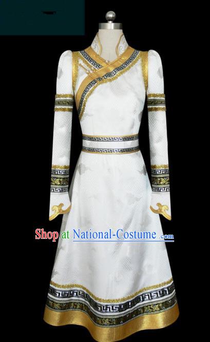 Traditional Chinese Mongol Nationality Dance Costume White Mongolian Robe, Chinese Mongolian Minority Nationality Clothing for Women