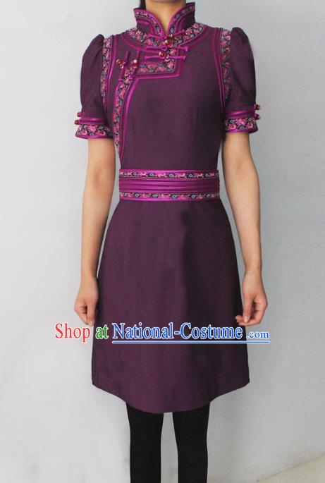 Traditional Chinese Mongol Nationality Dance Costume Purple Short Dress, Chinese Mongolian Minority Nationality Princess Mongolian Robe for Women