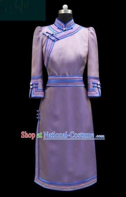 Traditional Chinese Mongol Nationality Dance Costume Lilac Short Dress, Chinese Mongolian Minority Nationality Princess Mongolian Robe for Women