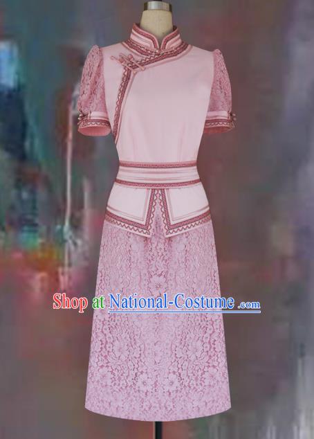 Traditional Chinese Mongol Nationality Dance Costume Pink Short Dress, Chinese Mongolian Minority Nationality Princess Mongolian Robe for Women