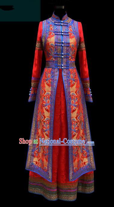 Traditional Chinese Mongol Nationality Costume Wedding Dress, Chinese Mongolian Minority Nationality Princess Bride Red Mongolian Robe for Women