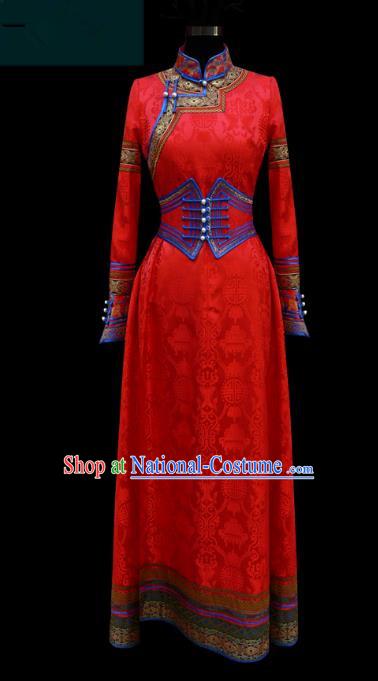 Traditional Chinese Mongol Nationality Costume Wedding Dress, Chinese Mongolian Minority Nationality Princess Bride Red Mongolian Robe for Women