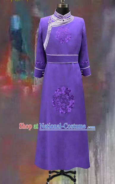 Traditional Chinese Mongol Nationality Costume Wedding Clothing, Chinese Mongolian Minority Nationality Bridegroom Purple Mongolian Robe for Men