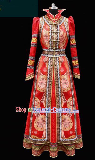 Traditional Chinese Mongol Nationality Costume Empress Wedding Clothing, Chinese Mongolian Minority Nationality Bride Red Mongolian Robe for Women