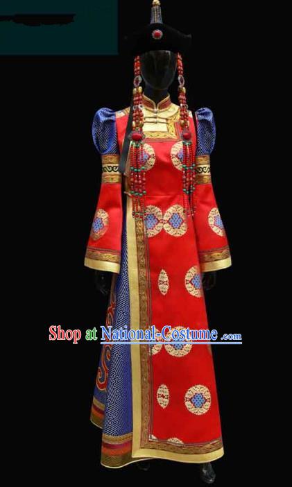 Traditional Chinese Mongol Nationality Costume Queen Wedding Full Dress, Chinese Mongolian Minority Nationality Bride Red Mongolian Robe for Women