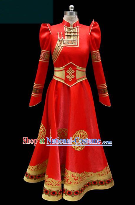 Traditional Chinese Mongol Nationality Costume Queen Wedding Full Dress, Chinese Mongolian Minority Nationality Bride Red Mongolian Robe for Women