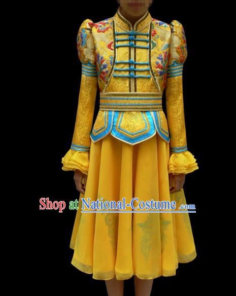 Traditional Chinese Mongol Nationality Costume Children Yellow Mongolian Robe, Chinese Mongolian Minority Nationality Dance Veil Dress Clothing for Kids