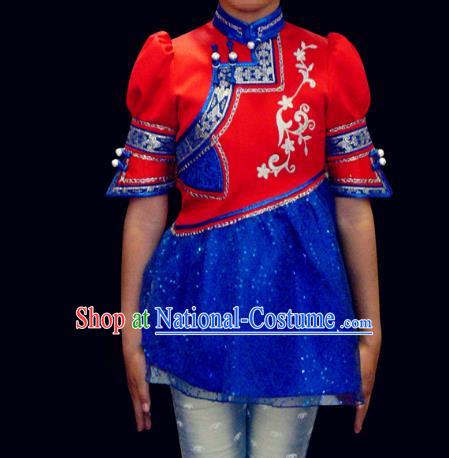 Traditional Chinese Mongol Nationality Costume Children Mongolian Robe, Chinese Mongolian Minority Nationality Dance Blue Veil Dress Clothing for Kids