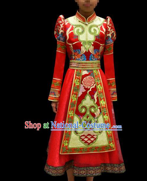 Traditional Chinese Mongol Nationality Costume Children Red Mongolian Robe, Chinese Mongolian Minority Nationality Dance Dress Clothing for Kids