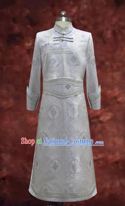 Traditional Chinese Mongol Nationality Costume White Mongolian Robe, Chinese Mongolian Minority Nationality Dance Clothing for Men