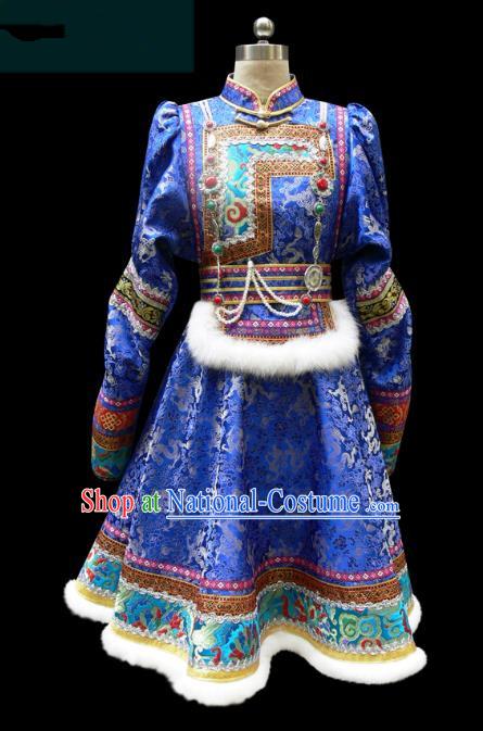 Traditional Chinese Mongol Nationality Costume Princess Blue Mongolian Robe, Chinese Mongolian Minority Nationality Dance Dress Clothing for Women