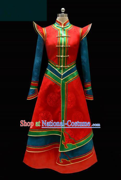 Traditional Chinese Mongol Nationality Costume Princess Red Mongolian Robe, Chinese Mongolian Minority Nationality Wedding Dress Clothing for Women