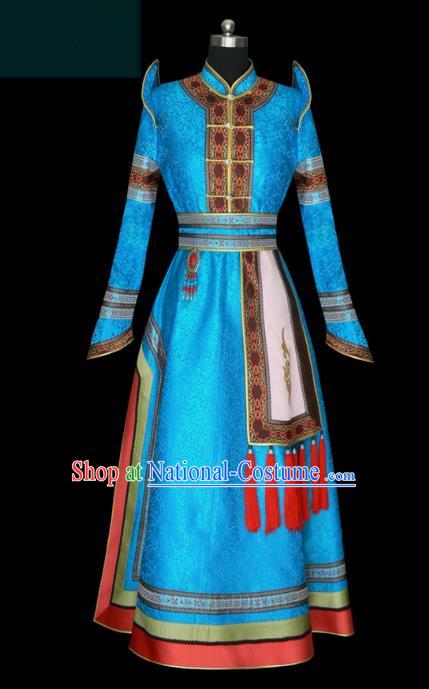 Traditional Chinese Mongol Nationality Costume Princess Blue Mongolian Robe, Chinese Mongolian Minority Nationality Wedding Dress Clothing for Women