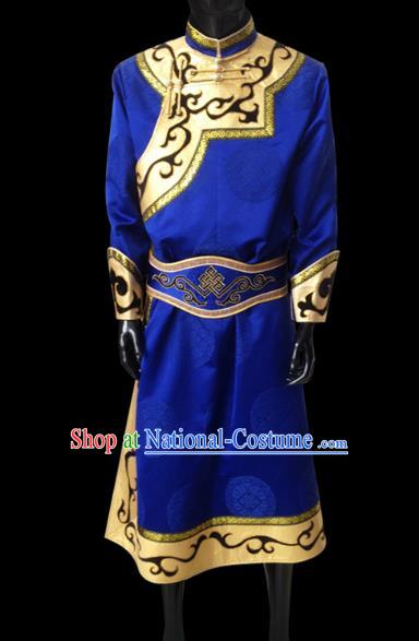 Traditional Chinese Mongol Nationality Costume Blue Mongolian Robe, Chinese Mongolian Minority Nationality Clothing for Men