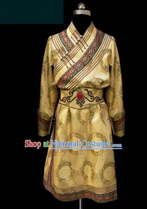 Traditional Chinese Mongol Nationality Costume Golden Mongolian Robe, Chinese Mongolian Minority Nationality Clothing for Men