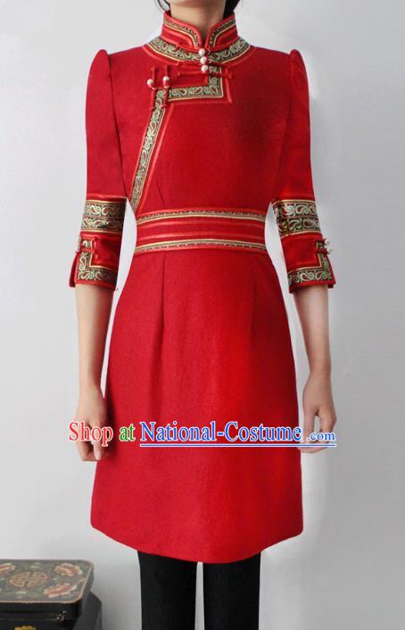 Traditional Chinese Mongol Nationality Costume Red Short Dress Mongolian Robe, Chinese Mongolian Minority Nationality Dance Clothing for Women