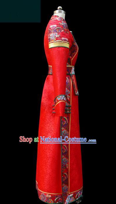 Traditional Chinese Mongol Nationality Costume Red Dress Wedding Mongolian Robe, Chinese Mongolian Minority Nationality Dance Clothing for Women