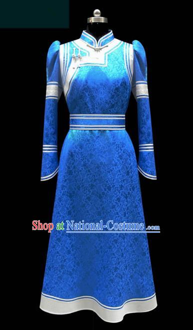 Traditional Chinese Mongol Nationality Costume Blue Dress Wedding Bride Mongolian Robe, Chinese Mongolian Minority Dance Clothing for Women