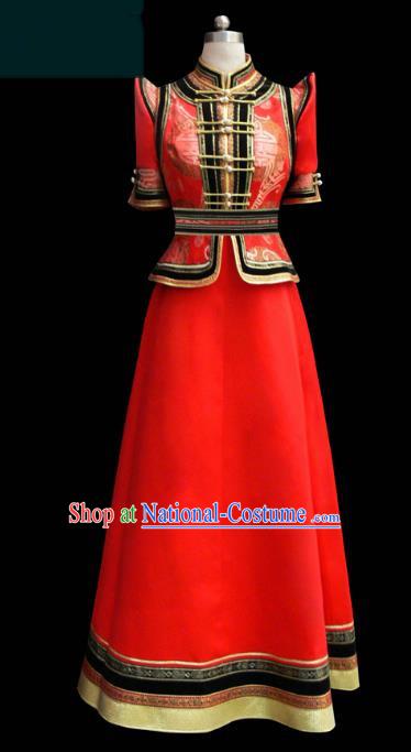 Traditional Chinese Mongol Nationality Costume Red Dress Bride Mongolian Robe, Chinese Mongolian Minority Dance Wedding Clothing for Women