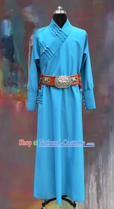 Traditional Chinese Mongol Nationality Dance Costume Blue Mongolian Robe, Chinese Mongolian Minority Nationality Royal Highness Embroidery Costume for Men