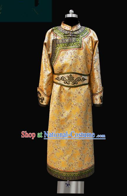 Traditional Chinese Mongol Nationality Dance Costume Golden Mongolian Robe, Chinese Mongolian Minority Nationality Royal Highness Embroidery Costume for Men