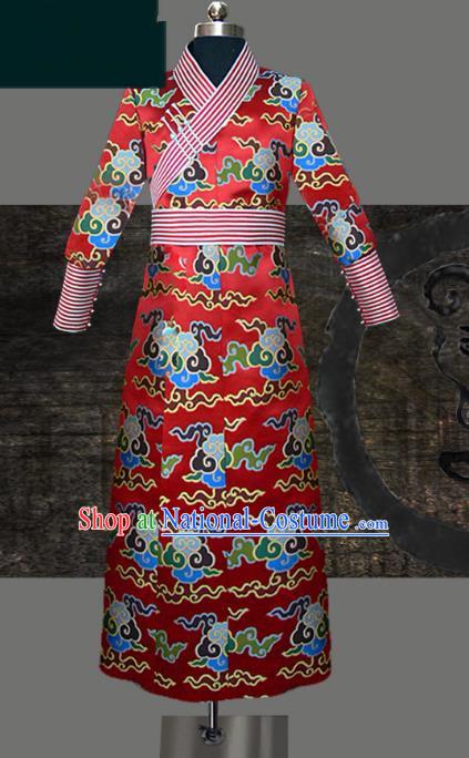 Traditional Chinese Mongol Nationality Dance Costume Red Wedding Mongolian Robe, Chinese Mongolian Minority Nationality Royal Highness Embroidery Costume for Men