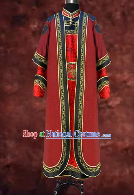 Traditional Chinese Mongol Nationality Dance Costume Wedding Red Mongolian Robe, Chinese Mongolian Minority Nationality Royal Highness Embroidery Costume for Men