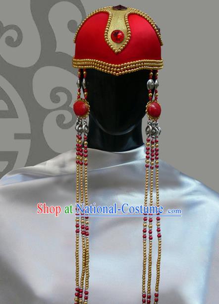 Traditional Chinese Mongol Nationality Princess Hat, Chinese Mongolian Minority Nationality Beads Tassel Headwear for Women