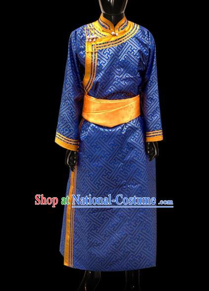 Traditional Chinese Mongol Nationality Dance Costume Wedding Clothing, Chinese Mongolian Minority Nationality Bridegroom Blue Mongolian Robe for Men