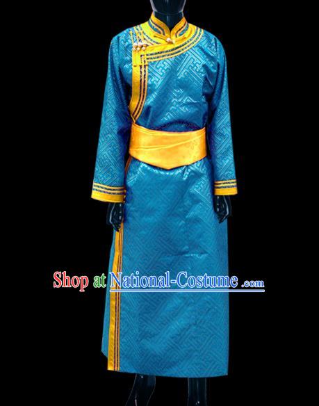 Traditional Chinese Mongol Nationality Dance Costume Wedding Clothing, Chinese Mongolian Minority Nationality Bridegroom Light Blue Mongolian Robe for Men