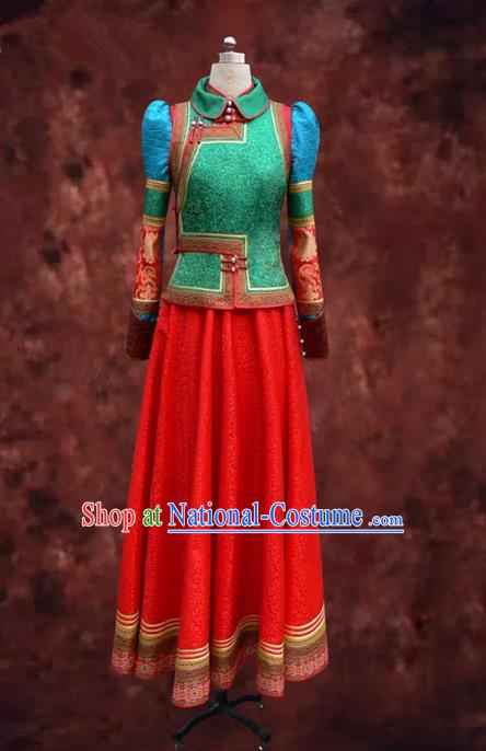 Traditional Chinese Mongol Nationality Dance Costume Female Red Pleated Skirt, Chinese Mongolian Minority Nationality Princess Embroidery Mongolian Robe for Women