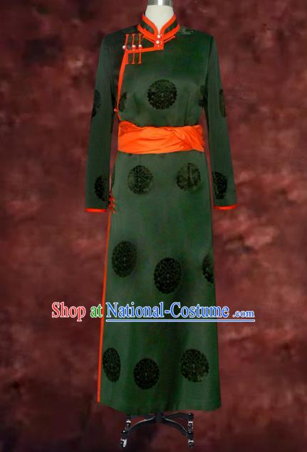 Traditional Chinese Mongol Nationality Costume Green Mongolian Robe, Chinese Mongolian Minority Nationality Clothing for Men