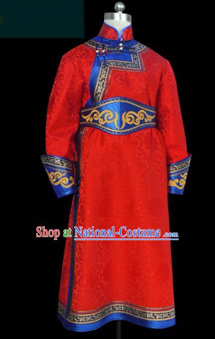 Traditional Chinese Mongol Nationality Costume Red Mongolian Robe, Chinese Mongolian Minority Nationality Clothing for Men