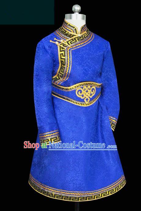 Traditional Chinese Mongol Nationality Costume Blue Mongolian Robe, Chinese Mongolian Minority Nationality Clothing for Men