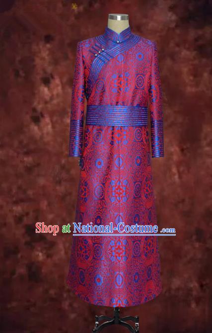 Traditional Chinese Mongol Nationality Dance Costume Rosy Mongolian Robe, Chinese Mongolian Minority Nationality Royal Highness Embroidery Costume for Men