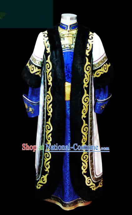 Traditional Chinese Mongol Nationality Dance Costume King Blue Mongolian Robe, Chinese Mongolian Minority Nationality Bridegroom Embroidery Costume for Men