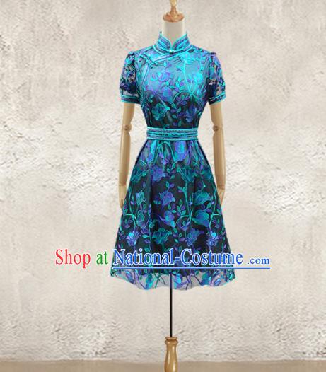 Traditional Chinese National Costume Elegant Hanfu Dress, China Tang Suit Plated Buttons Blue Chirpaur Lace Cheongsam Qipao for Women