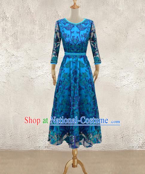 Traditional Chinese National Costume Elegant Hanfu Blue Long Dress, China Tang Suit Plated Buttons Chirpaur Lace Cheongsam Qipao for Women