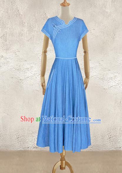 Traditional Chinese National Costume Elegant Hanfu Blue Long Dress, China Tang Suit Plated Buttons Chirpaur Cheongsam Qipao for Women