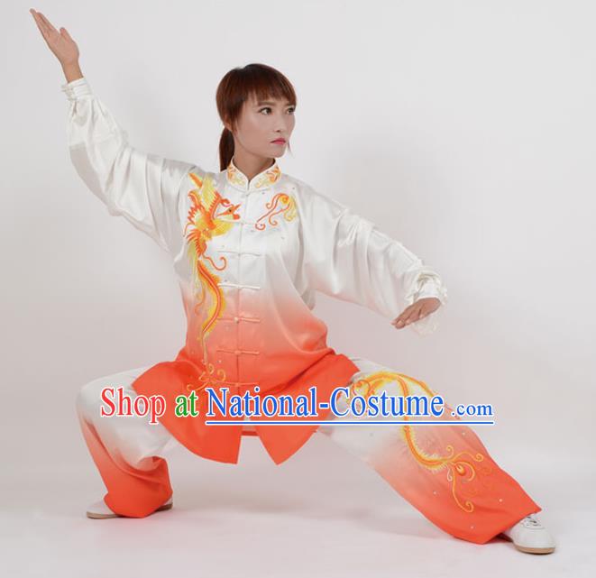 Top Kung Fu Costume Martial Arts Costume Kung Fu Training Orange Uniform, Gongfu Shaolin Wushu Embroidery Phoenix Tai Ji Clothing for Women