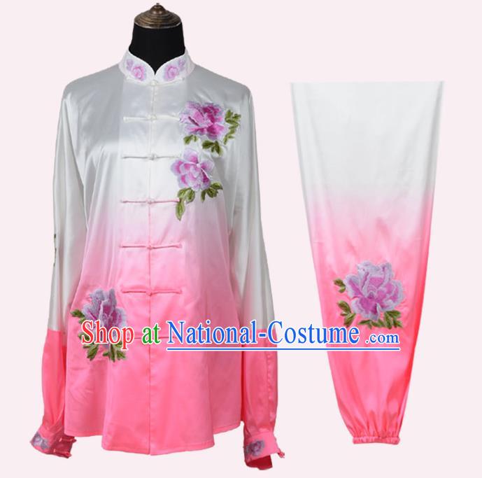 Top Kung Fu Costume Martial Arts Costume Kung Fu Training Pink Uniform, Gongfu Shaolin Wushu Embroidery Peony Tai Ji Clothing for Women