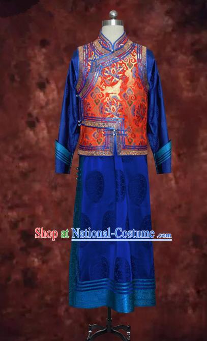 Traditional Chinese Mongol Nationality Dance Costume Mongolian Robe, Chinese Mongolian Minority Nationality Royal Highness Embroidery Costume for Men