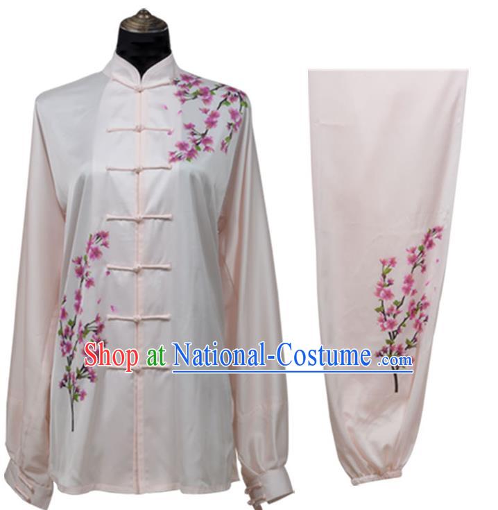 Top Kung Fu Costume Martial Arts Costume Kung Fu Training Light Pink Uniform, Gongfu Shaolin Wushu Embroidery Plum Blossom Tai Ji Clothing for Women